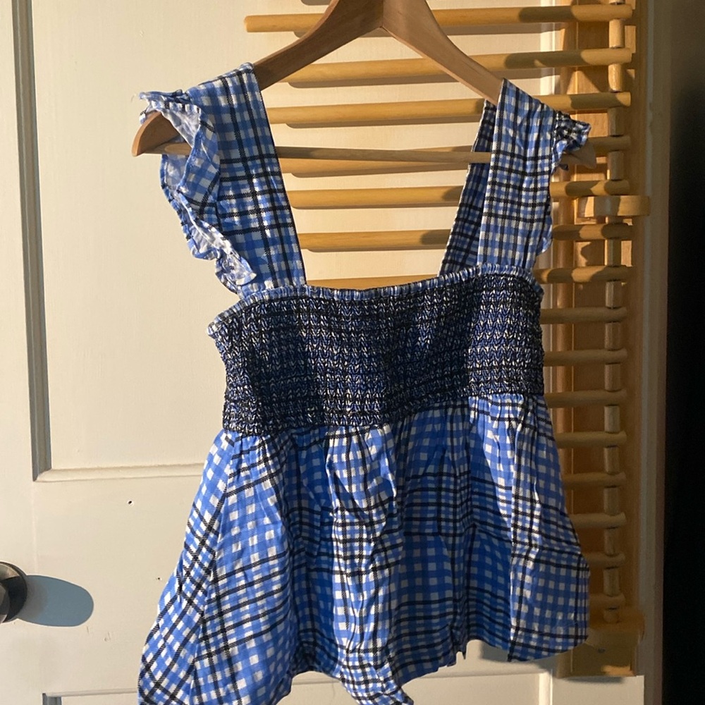 Urban Outfitters Blue and White Gingham Smocked Tank Top
